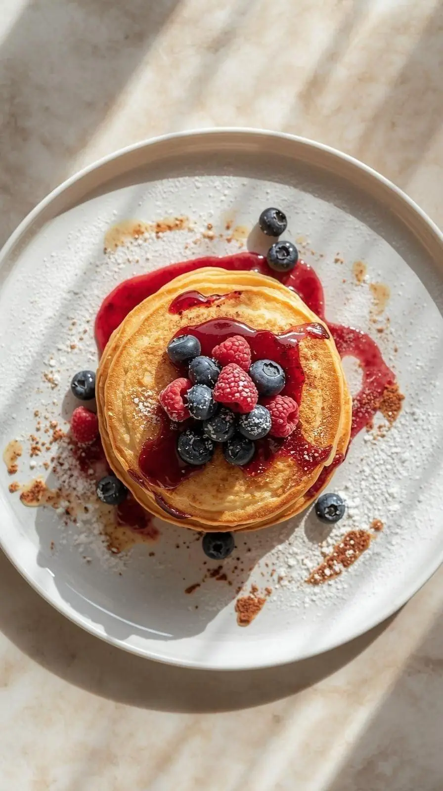 Pancakes nappés de coulis, framboises et myrtilles, au soleil