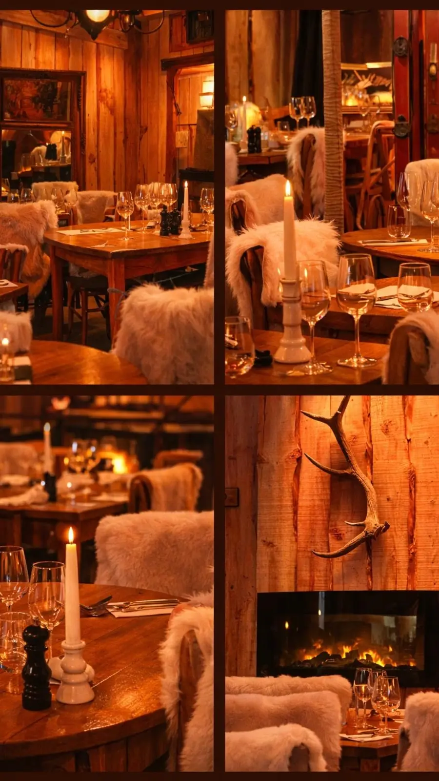 Quatre vues de la salle du chalet : tables en bois dressées aux chandelles, chaises couvertes de peaux blanches, bois de cerf au-dessus de la cheminée